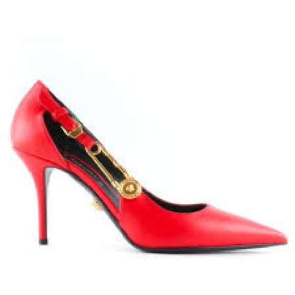 AUTHENTIC Versace red 100% leather women’s “safety pin” pump size 8 - Picture 5 of 10